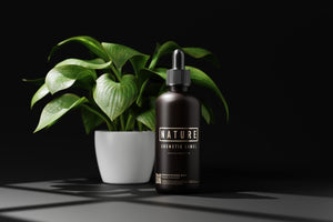 a potted plant next to a bottle of natural hair products